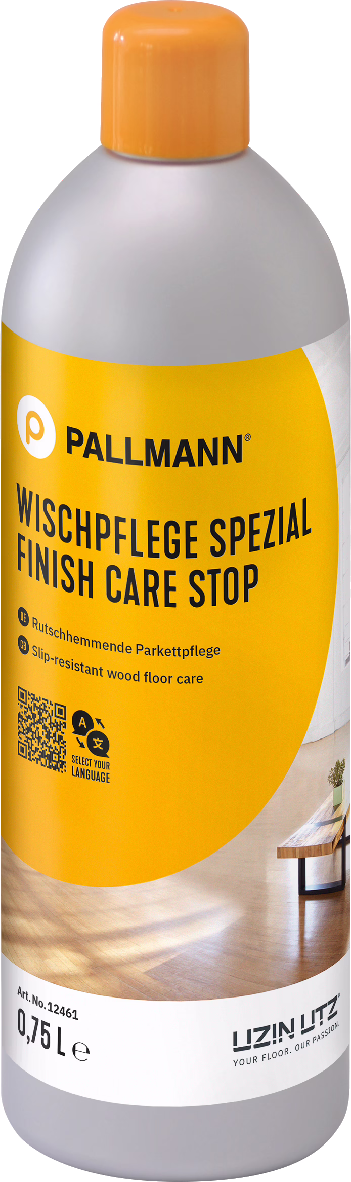 Kunststoffles van Pallmann 'Finish Care Stop', slipvaste onderhouds‑vloeistof voor houten vloeren, grijs‑gele fles met oranje dop, 0,75 L, met merklogo en productetiket.