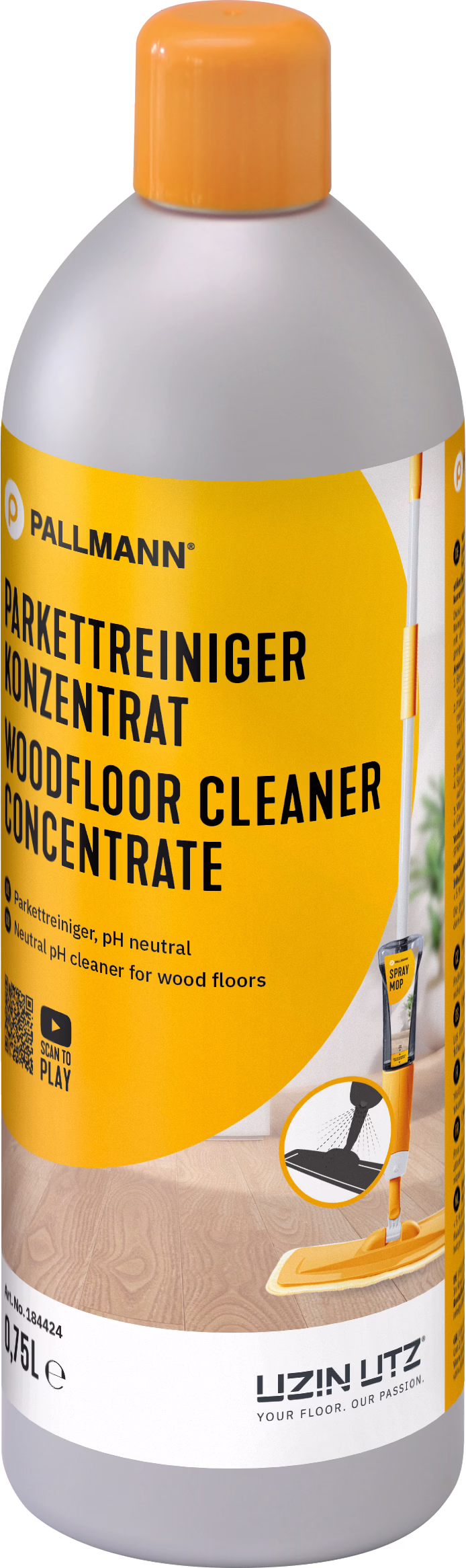 Een hoge kunststoffles met een fel oranje-gele sticker met parketreinigerconcentraat. Bovenaan staat de merknaam 'PALLMANN'; in zwarte letters staat 'PARKETTREINIGER KONZENTRAT / WOODFLOOR CLEANER CONCENTRATE'. Op het etiket staat een afbeelding van een spraymop en een symbool voor pH-neutraal. Inhoudsaanduiding '0,75 L' is onderaan zichtbaar. Er is een QR-code en gebruikspictogrammen; de fles heeft een oranje schroefdop en een grijze hals. Het product wordt gepresenteerd als een geconcentreerde, pH-neutrale reiniger voor houten vloeren die verdund moet worden voor gebruik.