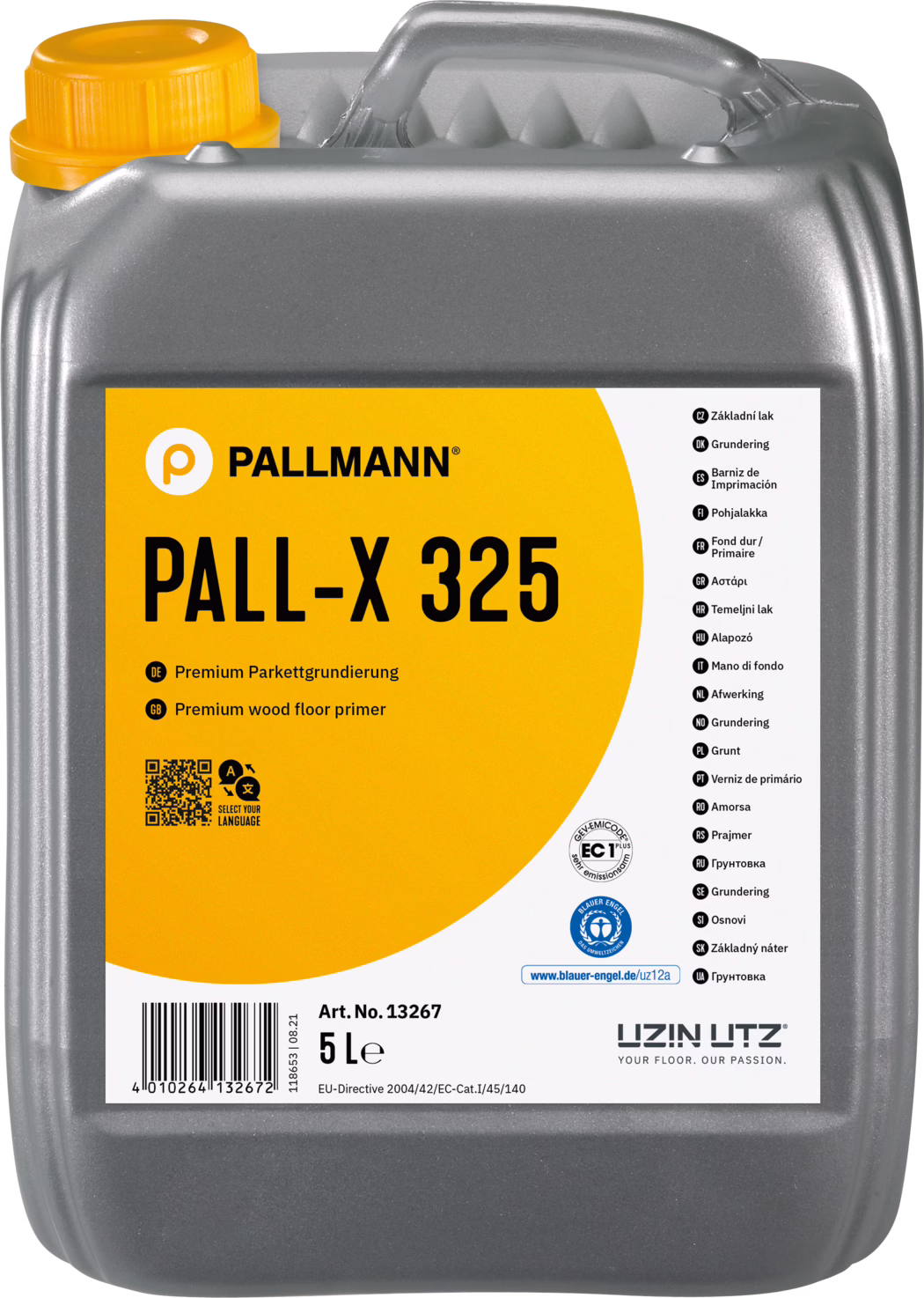 PALLMANN_dummy_Pall-X-325_5l_msl_2021-12 Een grijze kunststofkan van 5 liter met een groot geel etiket 'PALL-X 325', primer voor houten vloeren van Pallmann; oranje dop en productinformatie op het etiket.