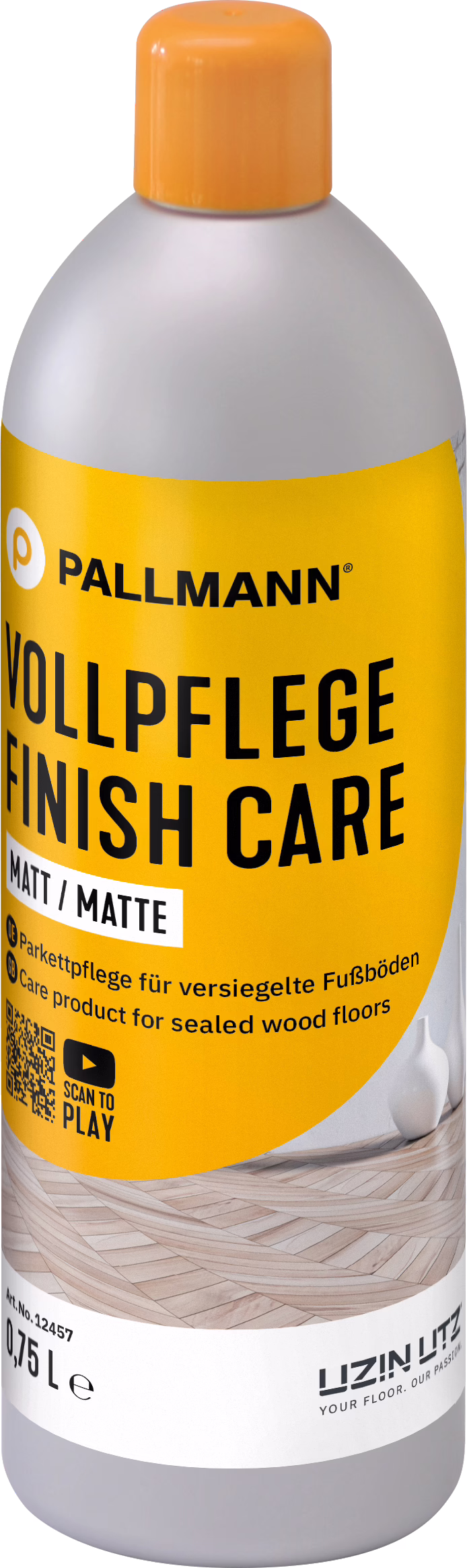 PALLMANN_dummy_FINISH-CARE_matt_0,75l_msl_2023-10 Hoge kunststoffles met oranje schroefdop en lichtgrijze body. Fel geel-oranje etiket met zwarte tekst 'PALLMANN VOLLPFLEGE FINISH CARE MATT / MATTE'. Inhoud 0,75 L; verzorgingsproduct voor gesealde houten vloeren (parket). Op het etiket staat een afbeelding van een licht houten parketpatroon, een QR-code met play-icoon, kleine productinformatie en het UZIN UTZ-logo onderaan.