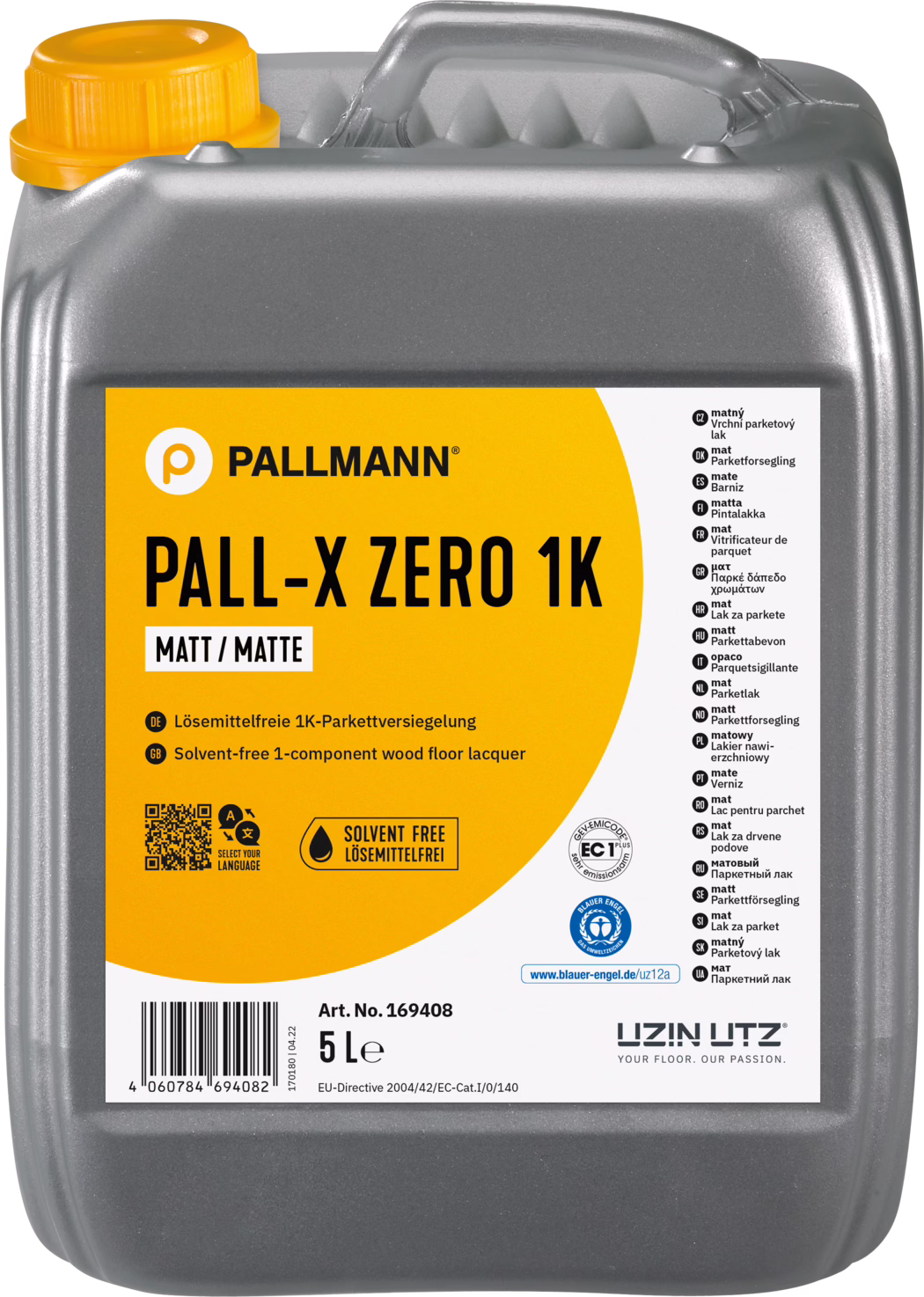 Close-up van een grijze 5-liter kunststof kan van PALLMANN PALL-X ZERO 1K matte parketlak. De rechthoekige container heeft een geïntegreerd handvat en een oranje schroefdop; een groot oranje etiket met merknaam PALLMANN, 'PALL-X ZERO 1K' en 'MATT / MATTE'. Het etiket bevat productinformatie in meerdere talen, certificeringsmerken, pictogrammen, een barcode, de inhoud '5 L' en het UZIN UTZ-logo. De afbeelding toont de structuur van het oppervlak en subtiele lichtreflecties.