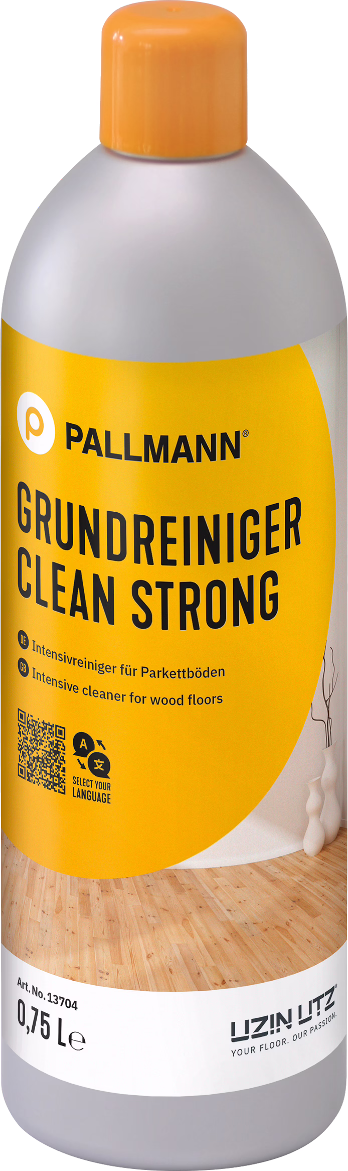 Een hoge kunststoffles met een oranje schroefdop en een felgeel etiket met de merknaam PALLMANN en de productnaam GRUNDREINIGER CLEAN STRONG. De fles bevat 0,75 L intensieve reiniger voor houten vloeren. Het etiket toont dikke zwarte typografie, een QR-code, kleine pictogrammen en een foto van een lichte houten parketvloer; onderaan staat het UZIN UTZ-logo met de slogan 'YOUR FLOOR. OUR PASSION.' De container heeft afgeronde schouders en een grijze kunststof body en straalt een professioneel product uit voor diepe reiniging en het verwijderen van hardnekkig vuil van houten vloeren.