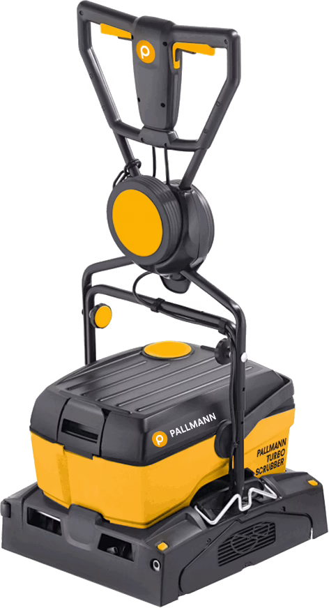 Professionele PALLMANN Turbo Scrubber vloerreinigingsmachine in geel en donkergrijs. Het rechtopstaande apparaat heeft een stevige handgreep met geïntegreerde bediening en een opgerolde kabelhaspel, een compacte rechthoekige basis met een schrobhuis en ventilatieroosters, zichtbare merknamen aan de zijkant en een robuuste kunststofconstructie voor intensief commercieel gebruik.