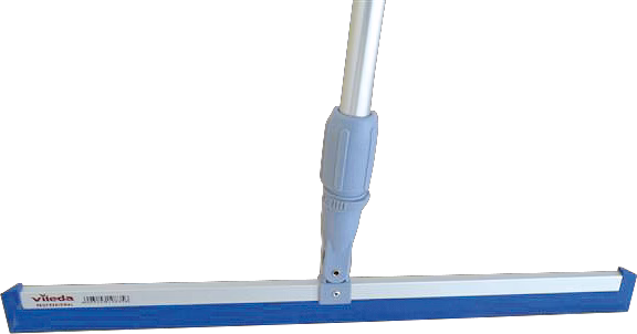 Handbediende vloertrekker met lange metalen steel en een blauwe rubberen lip bevestigd aan een wit plastic houder; merk 'Vileda' zichtbaar aan één uiteinde, gefotografeerd op een witte achtergrond.