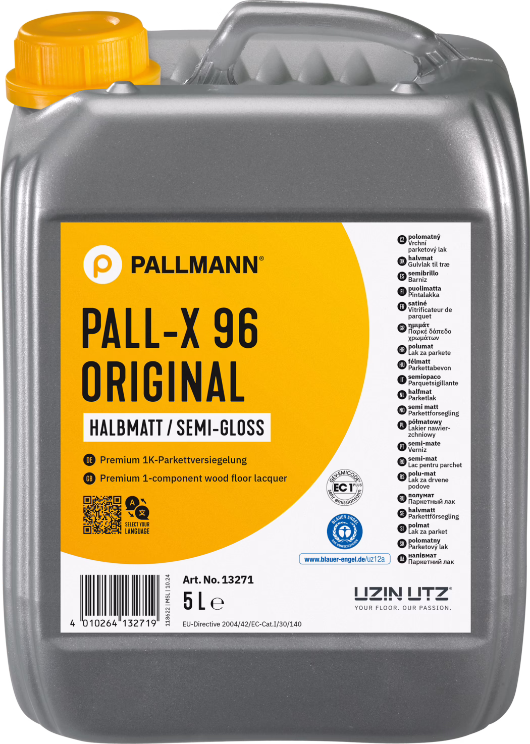 Grijze kunststof jerrycan van 5 liter van Pallmann: PALL-X 96 Original, halfglans parketlak. De rechthoekige verpakking heeft een geïntegreerd handvat bovenop en een gele schroefdop; het etiket is feloranje met zwarte 'PALL-X 96 ORIGINAL' tekst en een wit deel met meertalige productinformatie en keurmerken (onder andere Blauer Engel). Opdrukken tonen 'Halbmatt / Semi-Gloss', 'Premium 1-component wood floor lacquer', artikelnummer 13271, barcode en '5 L'. Ontwikkeld voor bescherming en afwerking van houten vloeren; ééncomponent watergedragen lak voor professioneel gebruik en doe-het-zelvers. Oppervlakte en vorm van de kan tonen productietextuur; geschikt voor aanbrengen met kwast, roller of machine.