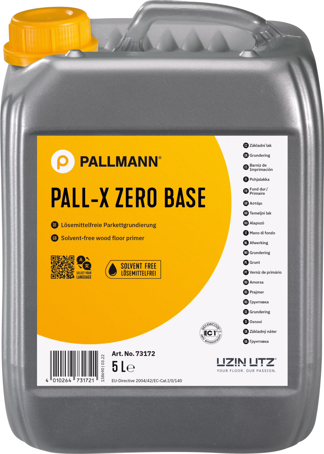 PALLMANN_dummy_Pall-X-Zero-Base_5l_msl_2021-12 Grijze 5-liter kunststofkan van Pallmann 'PALL-X ZERO BASE', oplosmiddelvrije parketprimer met groot geel etiket en oranje dop.