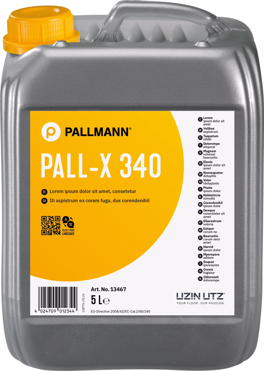 PALLMANN_dummy_Pall-X-340_5l_msl_2021-12 Grijze kunststof jerrycan van 5 liter met een oranje schroefdop en een groot oranje-wit etiket. Op het etiket staan het merk 'PALLMANN', de productnaam 'PALL‑X 340', een QR-code, een streepjescode, de inhoudsaanduiding '5 L' en korte meertalige instructies; de verpakking bevat een product voor het behandelen of onderhouden van houten vloeren.